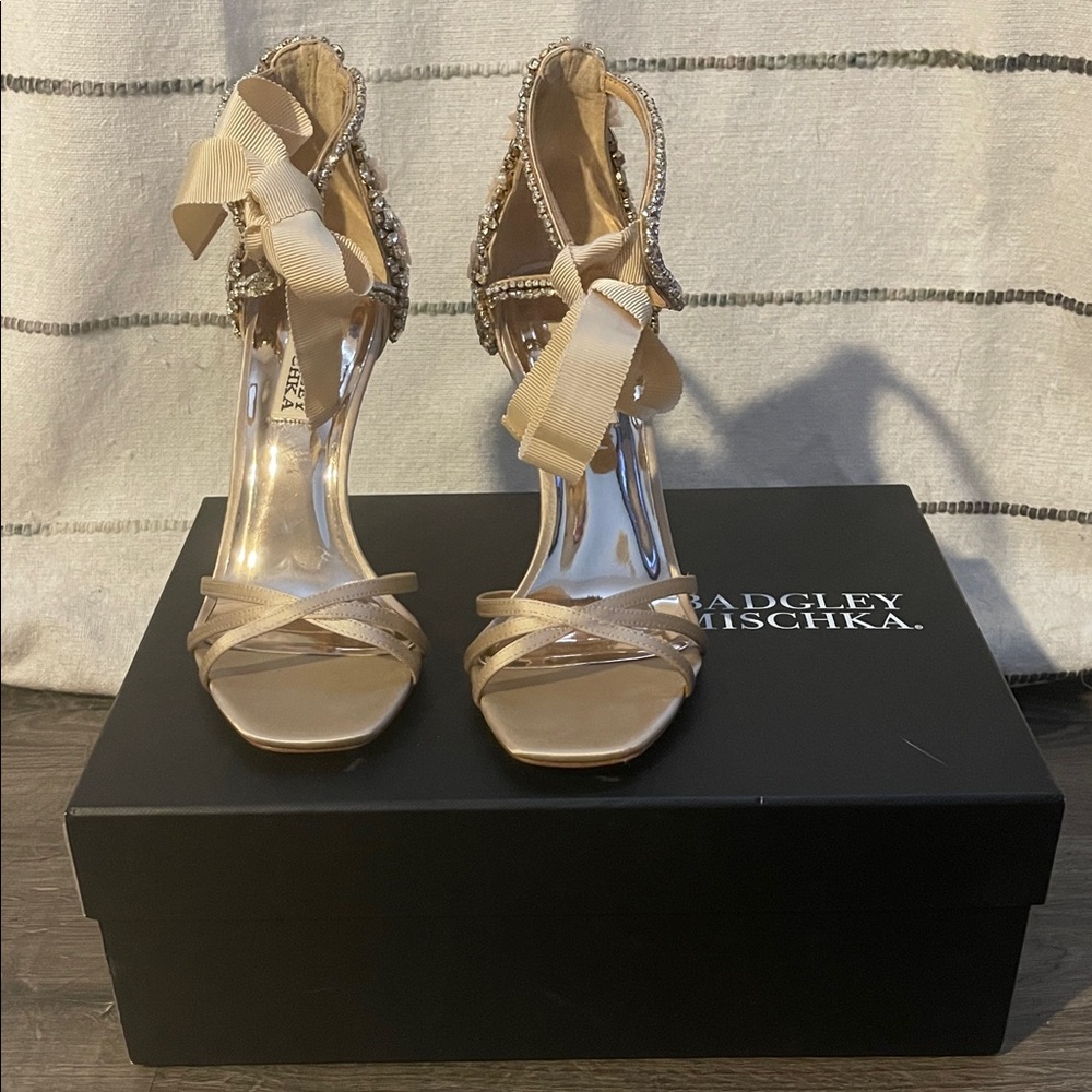 Badgley Mischka Joanie Nude Heels with Bow and Embellishments